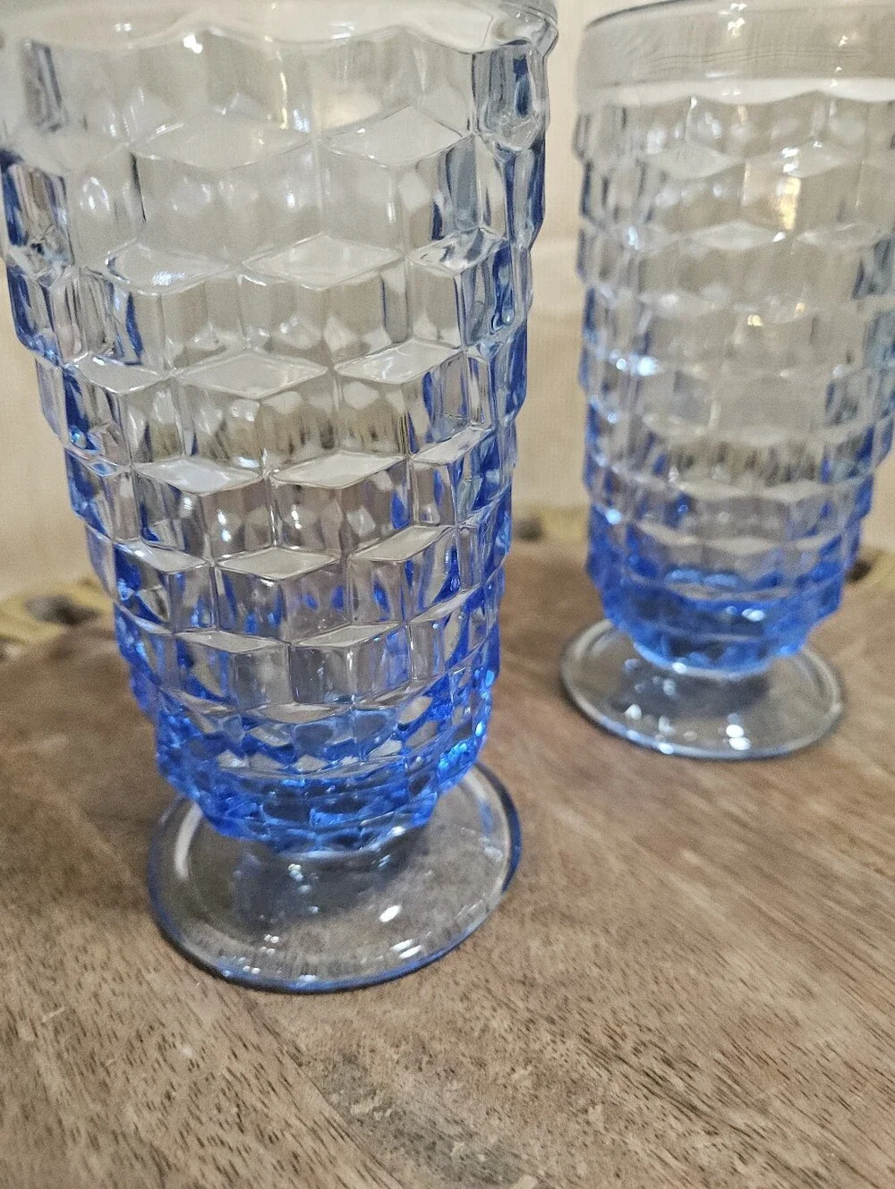 Vintage Indiana Colony Whitehall Light Blue Cubist Footed Ice Tea Glasses Set 2
